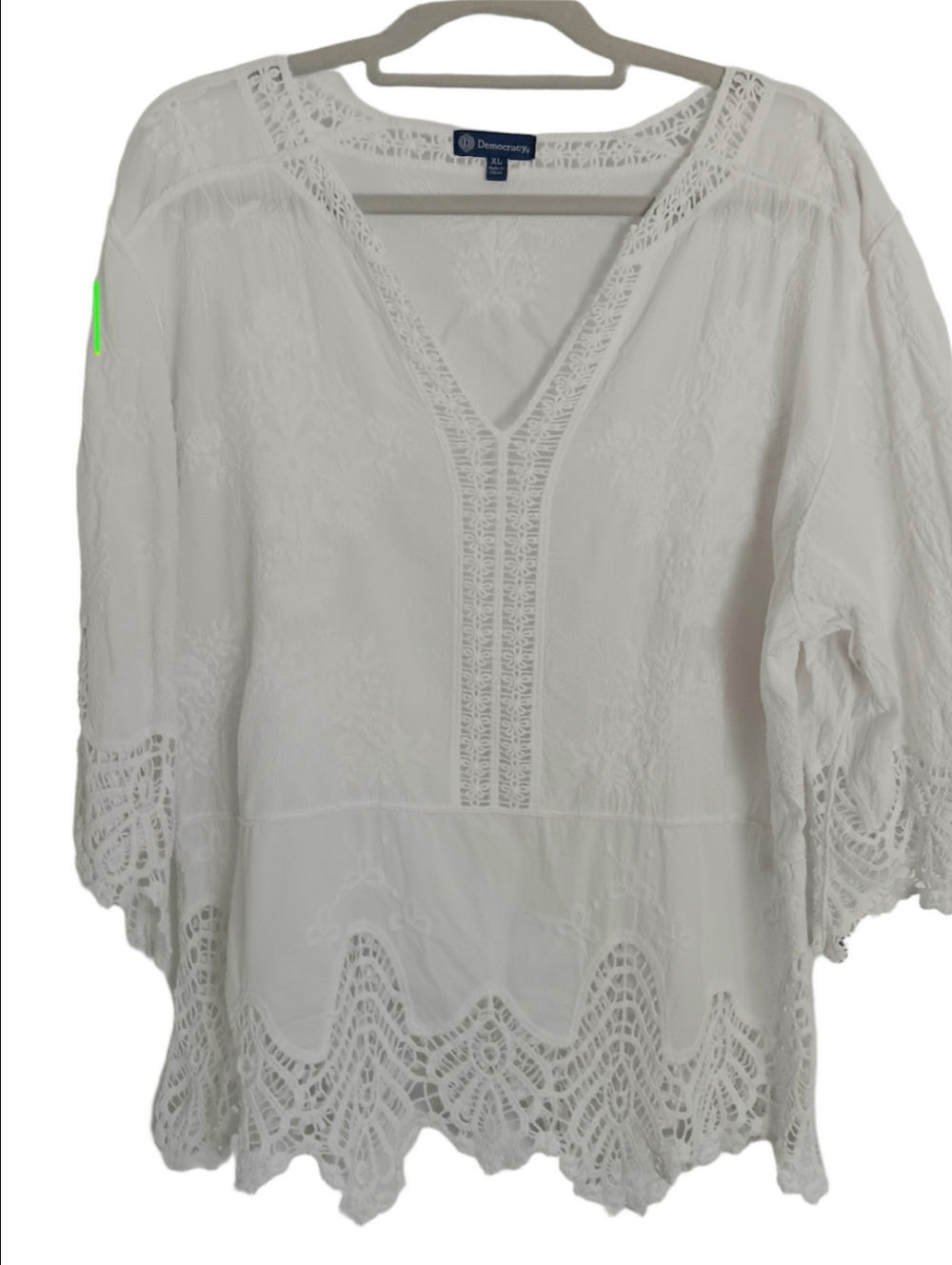 Democracy White Embroidered Crochet Lace-Trim V-neck 3/4 Sleeve Cotton Top XLg - Picture 4 of 9